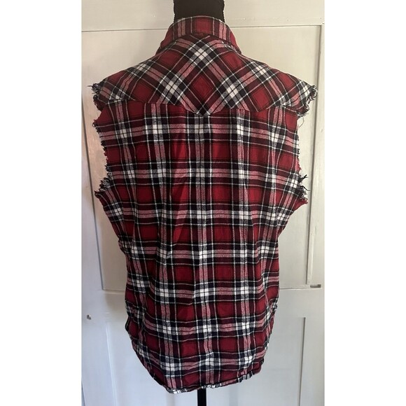 Nutexrol Red Plaid Sleeveless Frayed Flannel Shirt Snap Closure Unisex Sz M - Picture 4 of 5